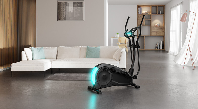 Vue arrière du tapis de course noir F10, course avec chaussures de sport à semelle rouge