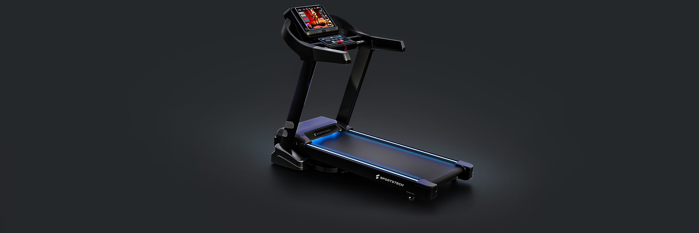 Tapis de course noir F10 Sportstech Femme en tenue de sport courant sur le tapis de course noir F10 dans le salon
