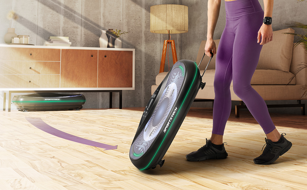 Schwarzes Laufband F10 Sportstech Gelenke Rückansicht schwarzes Laufband F10, Laufvorgang Sportschuhe mit roter Sohle